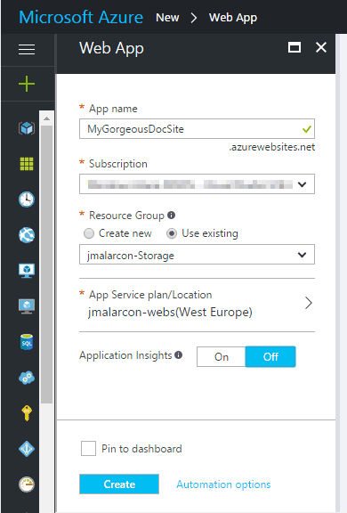 Azure, create Web App